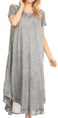 Sakkas Dalida Women's Short Sleeve Corset Tie dye Embroidered Flared Dress#color_19244-Grey