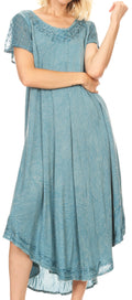 Sakkas Dalida Women's Short Sleeve Corset Tie dye Embroidered Flared Dress#color_19244-LtTeal