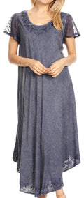 Sakkas Dalida Women's Short Sleeve Corset Tie dye Embroidered Flared Dress#color_19244-Navy