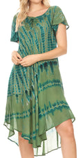 Sakkas Dalida Women's Short Sleeve Corset Tie dye Embroidered Flared Dress#color_19311-Green