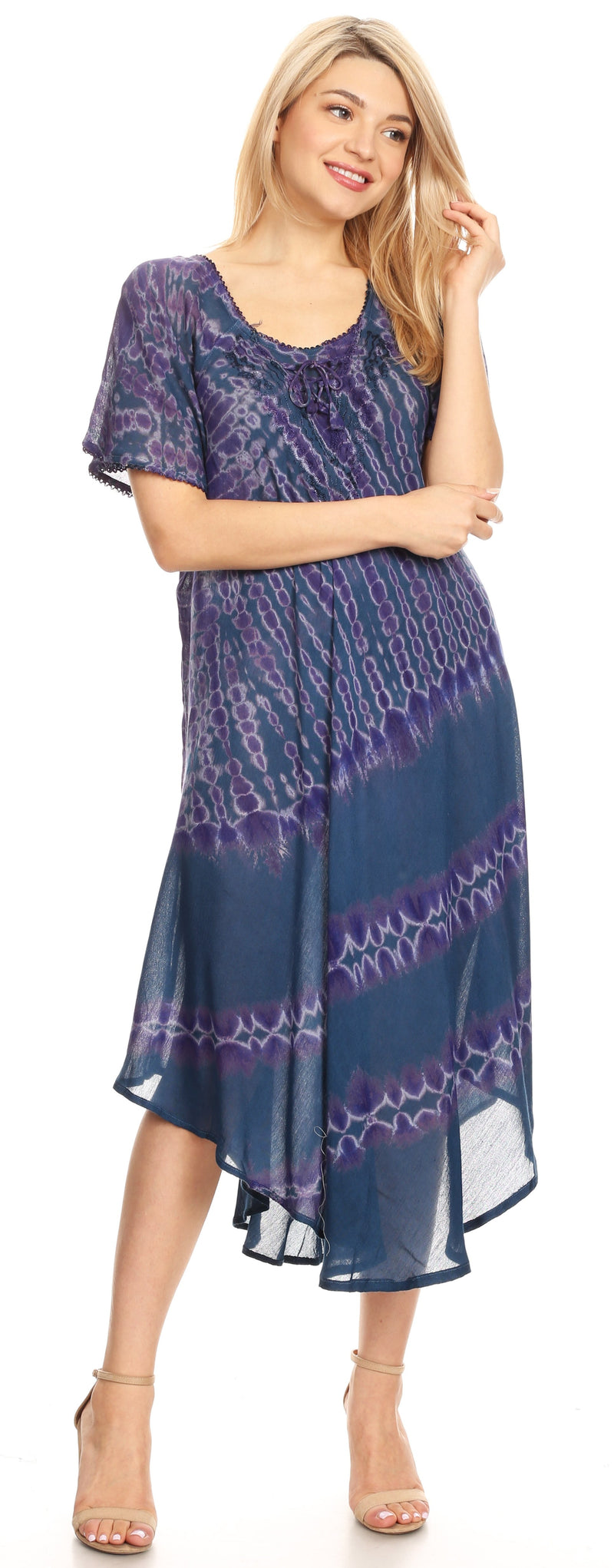 Sakkas Dalida Women's Short Sleeve Corset Tie dye Embroidered Flared Dress