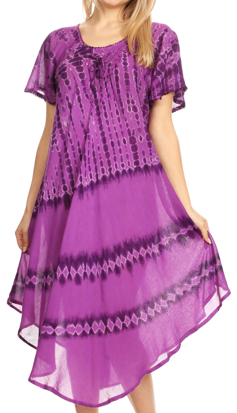 Sakkas Dalida Women's Short Sleeve Corset Tie dye Embroidered Flared Dress