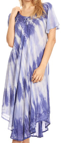 Sakkas Dalida Women's Short Sleeve Corset Tie dye Embroidered Flared Dress#color_19314-Blue