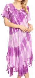 Sakkas Dalida Women's Short Sleeve Corset Tie dye Embroidered Flared Dress#color_19314-Purple
