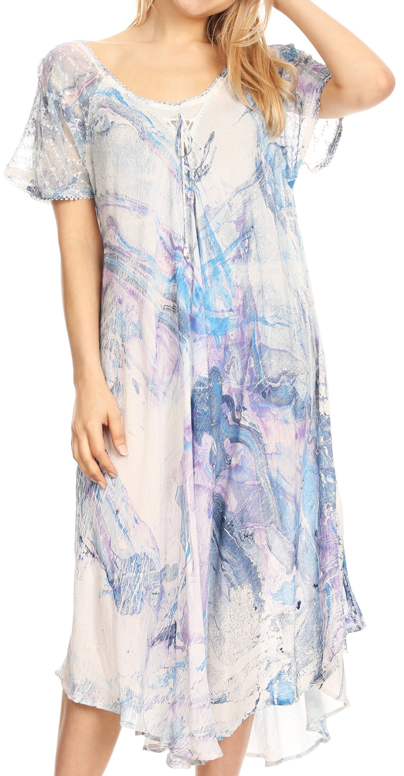 Sakkas Dalida Women's Short Sleeve Corset Tie dye Embroidered Flared Dress