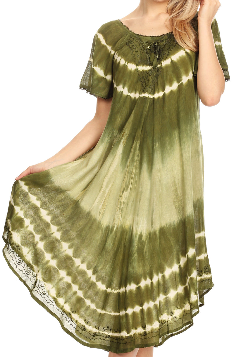 Sakkas Dalida Women's Short Sleeve Corset Tie dye Embroidered Flared Dress