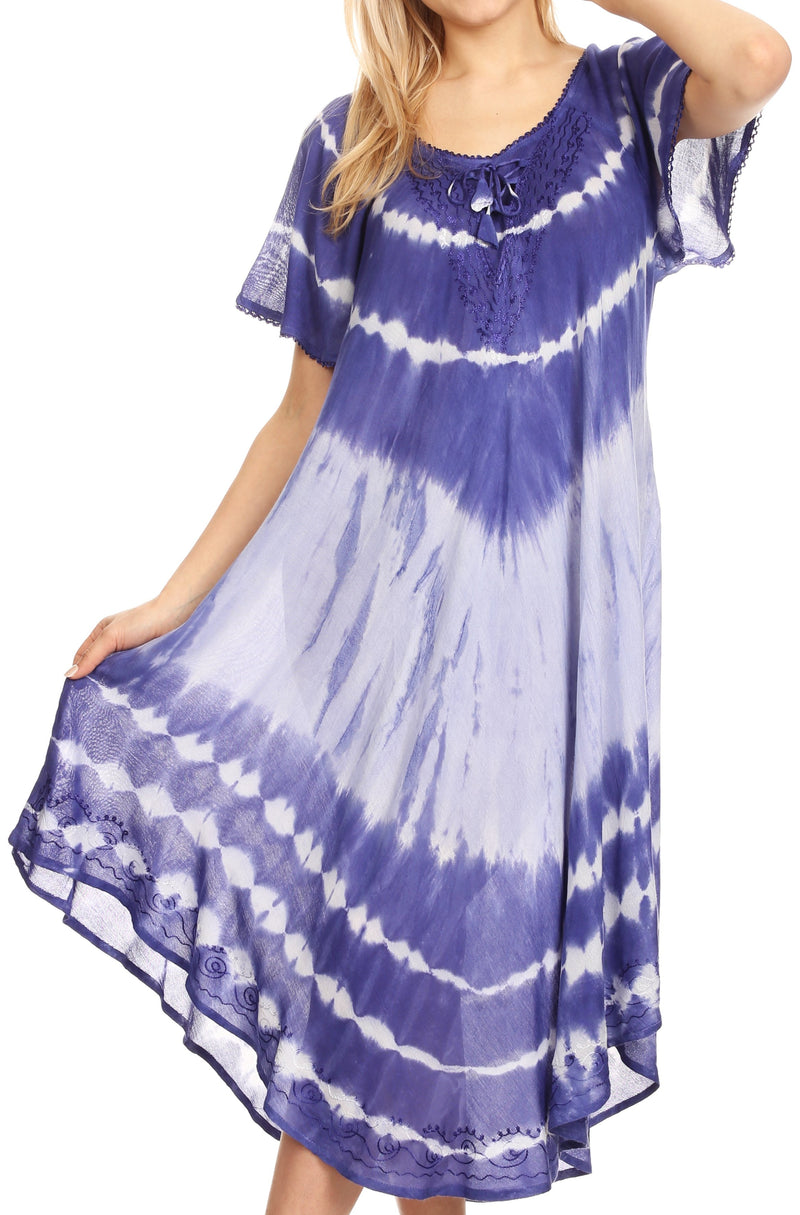 Sakkas Dalida Women's Short Sleeve Corset Tie dye Embroidered Flared Dress
