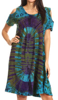 Sakkas Sienna Women's Knit Cold Shoulder Short Sleeve Flared Shift Short Dress#color_Olive