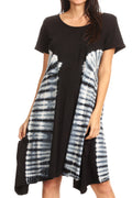 Sakkas Sirena Women's Short Sleeve Loose Plain Midi Casual Scoop Neck Flared Dress#color_Black / Grey