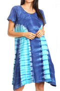 Sakkas Sirena Women's Short Sleeve Loose Plain Midi Casual Scoop Neck Flared Dress#color_Blue / Turquoise