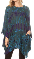 Sakkas Vera Women's Casual Short Sleeve Loose Boho Round Neck Blouse Top w/Pockets#color_Teal