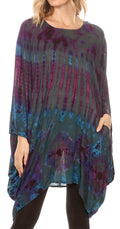 Sakkas Vera Women's Casual Short Sleeve Loose Boho Round Neck Blouse Top w/Pockets#color_Teal/Pink