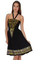 Sakkas Embroidered Batik Smocked Bodice Short Halter Tube Dress#color_Black/Yellow