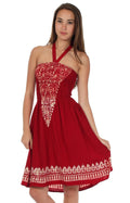 Sakkas Embroidered Batik Smocked Bodice Short Halter Tube Dress#color_Red / Cream