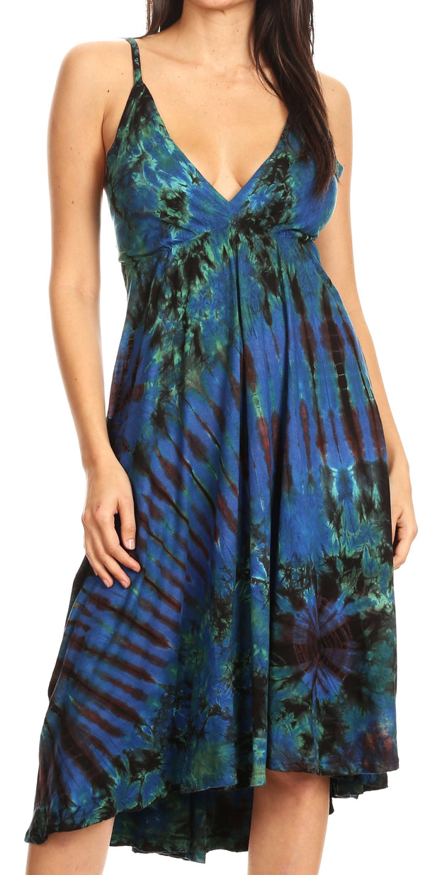 Sakkas Luzia Women's Sleeveless Midi Flared Casual Summer Dress V-neck Knit#color_Blue Chololate