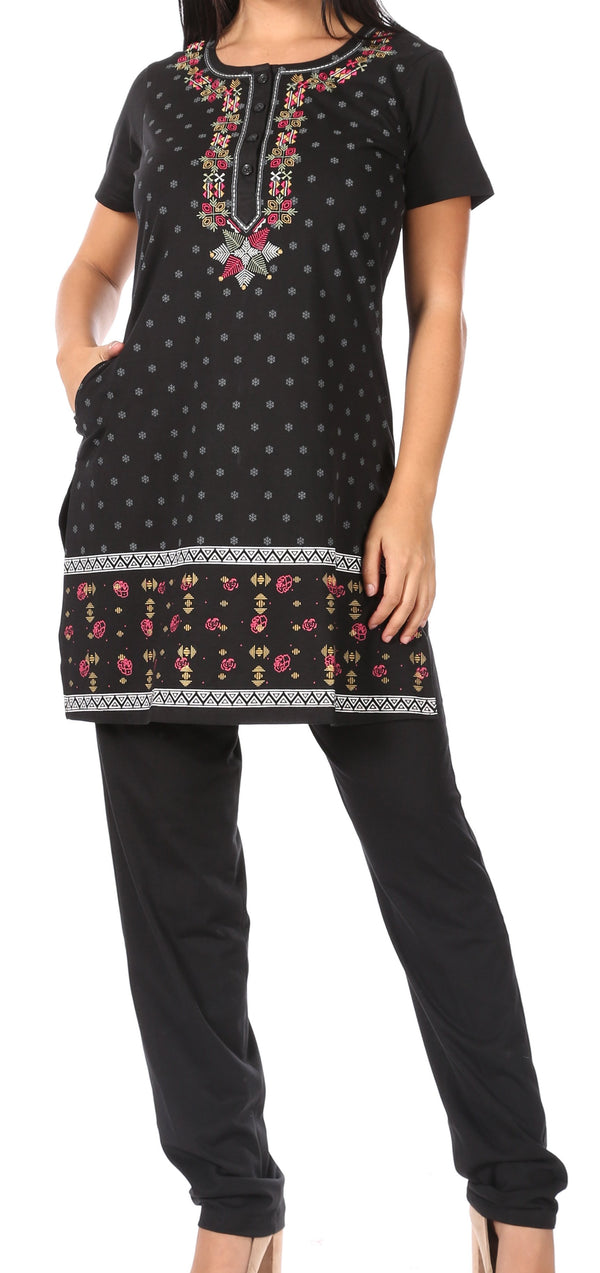 Sakkas Maria Women's Casual Tunic Kurta Knit Plain Embroidered Kurti Pant Set Soft#color_Black
