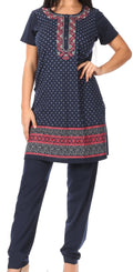 Sakkas Maria Women's Casual Tunic Kurta Knit Plain Embroidered Kurti Pant Set Soft#color_MidnightBlue