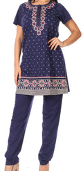 Sakkas Maria Women's Casual Tunic Kurta Knit Plain Embroidered Kurti Pant Set Soft#color_Navy