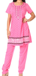 Sakkas Maria Women's Casual Tunic Kurta Knit Plain Embroidered Kurti Pant Set Soft#color_Pink