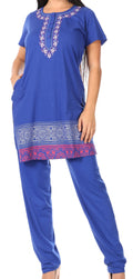 Sakkas Maria Women's Casual Tunic Kurta Knit Plain Embroidered Kurti Pant Set Soft#color_RoyalBlue