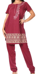 Sakkas Maria Women's Casual Tunic Kurta Knit Plain Embroidered Kurti Pant Set Soft#color_Wine