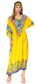 Sakkas Mera Women's Long Loose Short Sleeve Summer Casual Caftan Kaftan Dress#color_KAF1027-Yellow