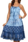 Sakkas Bria Floral Print Smocked Waist Spaghetti Strap Tie Dye Dress#color_Blue
