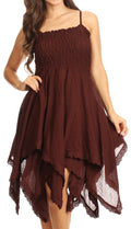 Sakkas Ella Smocked Bodice Spaghetti Strap Double Layered Dress#color_Brown