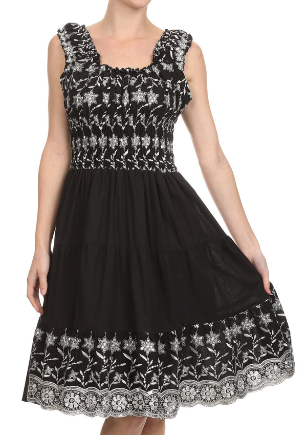 Sakkas Women's Gwendolyn Sequin Embroidered Smocked Bodice Peasant Dress#color_Black