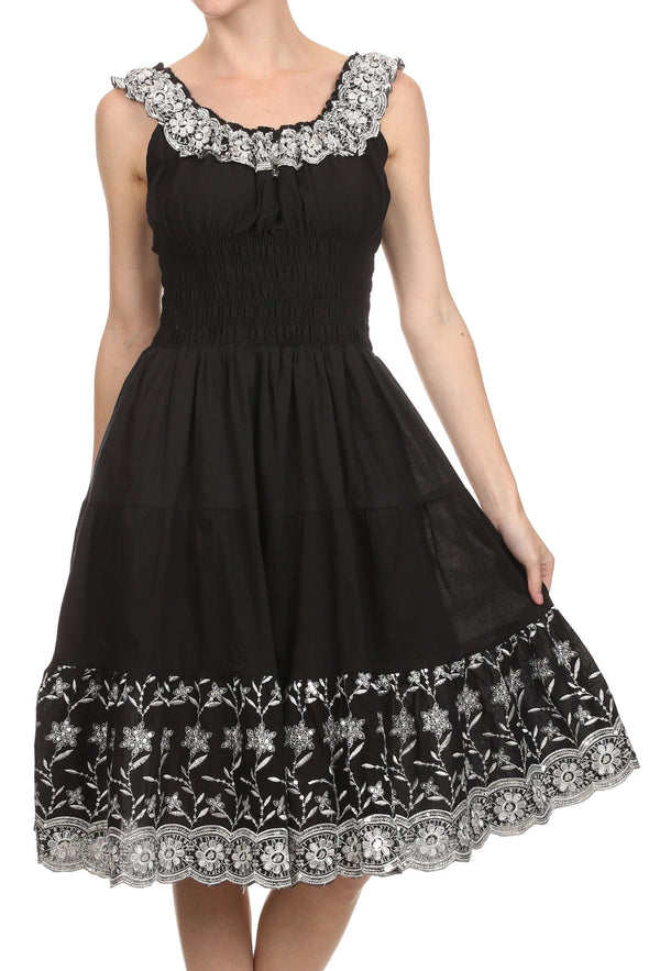 Sakkas Women's Lulu Sequin Embroidered Smocked Bodice Peasant Dress#color_Black