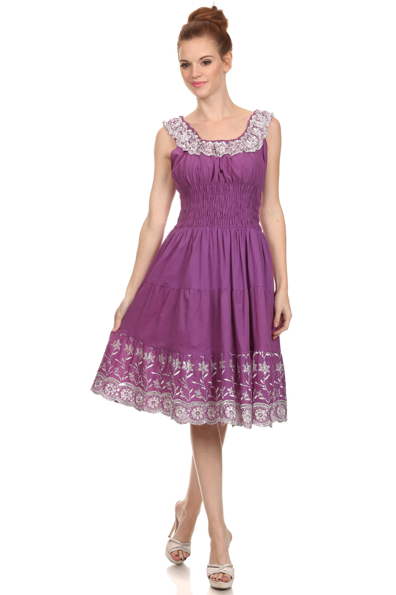Sakkas Women's Lulu Sequin Embroidered Smocked Bodice Peasant Dress