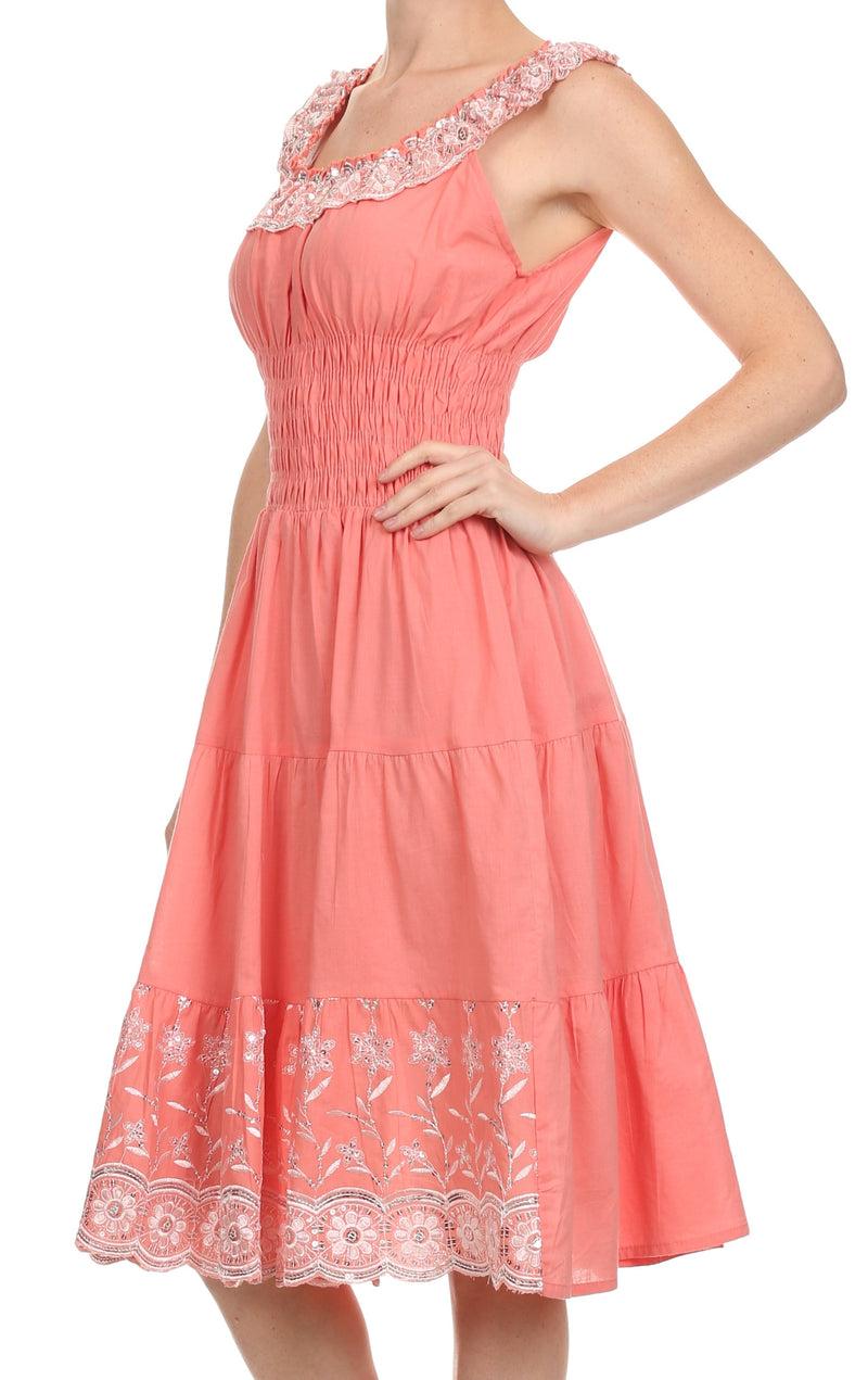 Sakkas Women's Lulu Sequin Embroidered Smocked Bodice Peasant Dress