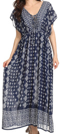 Sakkas Sofia Aztec Print V-neck Caftan Summer Long  Maxi Dress#color_Blue / White 