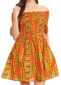 Sakkas Ife Wax African Ankara Colorful Cocktail Short Dress Off-shoulder w/pockets#color_1065-orange/Blue-tribal