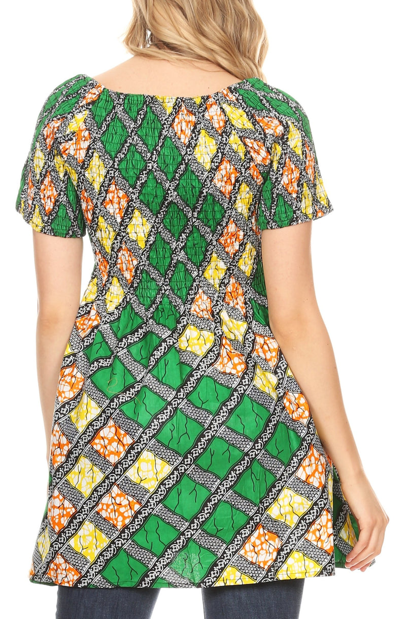 Sakkas Ife Wax African Ankara Colorful Cocktail Short Dress Off-shoulder w/pockets