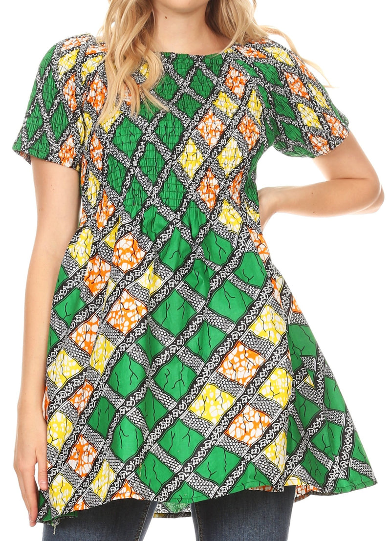 Sakkas Ife Wax African Ankara Colorful Cocktail Short Dress Off-shoulder w/pockets