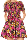Sakkas Ife Wax African Ankara Colorful Cocktail Short Dress Off-shoulder w/pockets#color_404-Multi