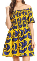 Sakkas Ife Wax African Ankara Colorful Cocktail Short Dress Off-shoulder w/pockets#color_417-Blue/Yellow-Fan