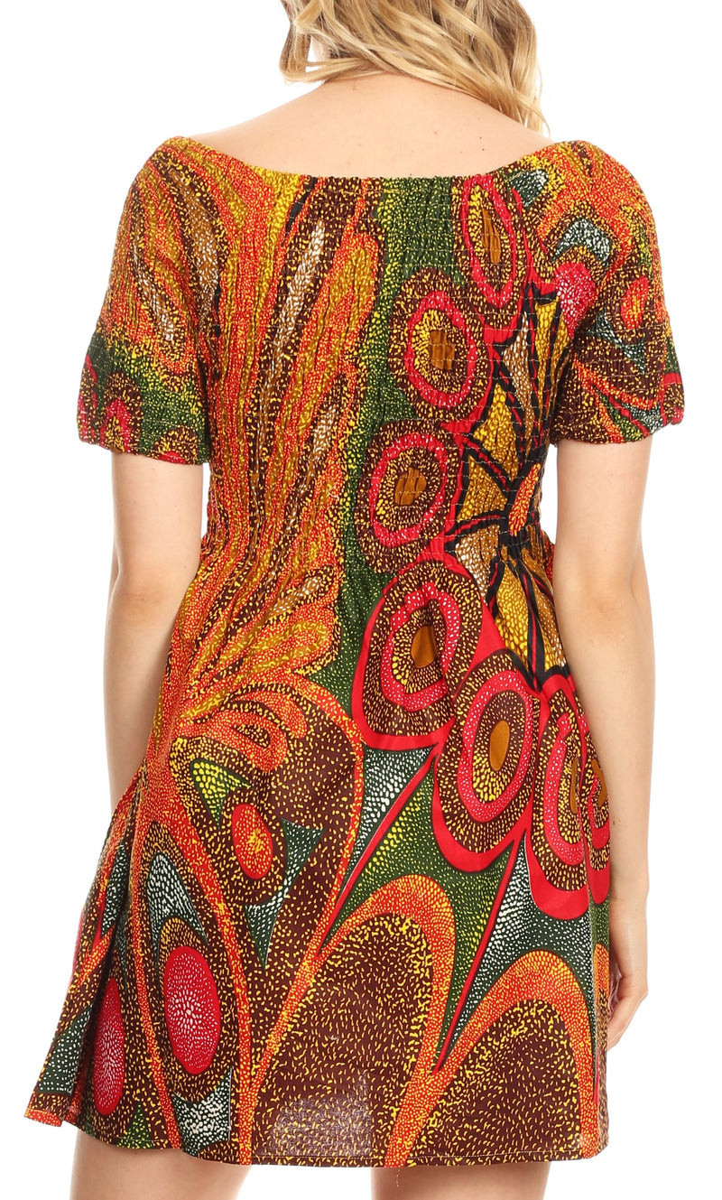 Sakkas Ife Wax African Ankara Colorful Cocktail Short Dress Off-shoulder w/pockets