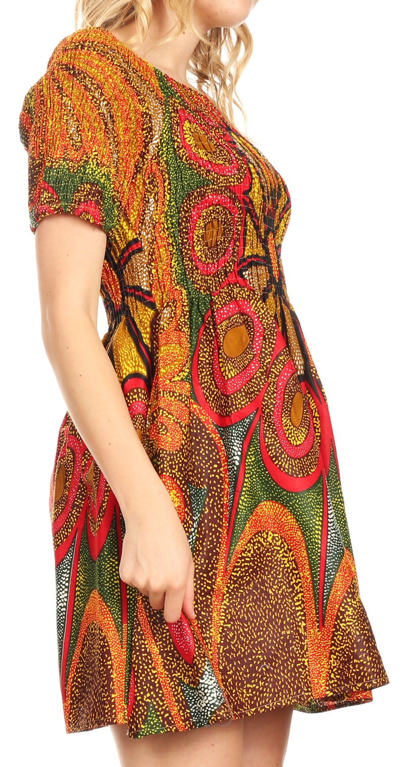 Sakkas Ife Wax African Ankara Colorful Cocktail Short Dress Off-shoulder w/pockets