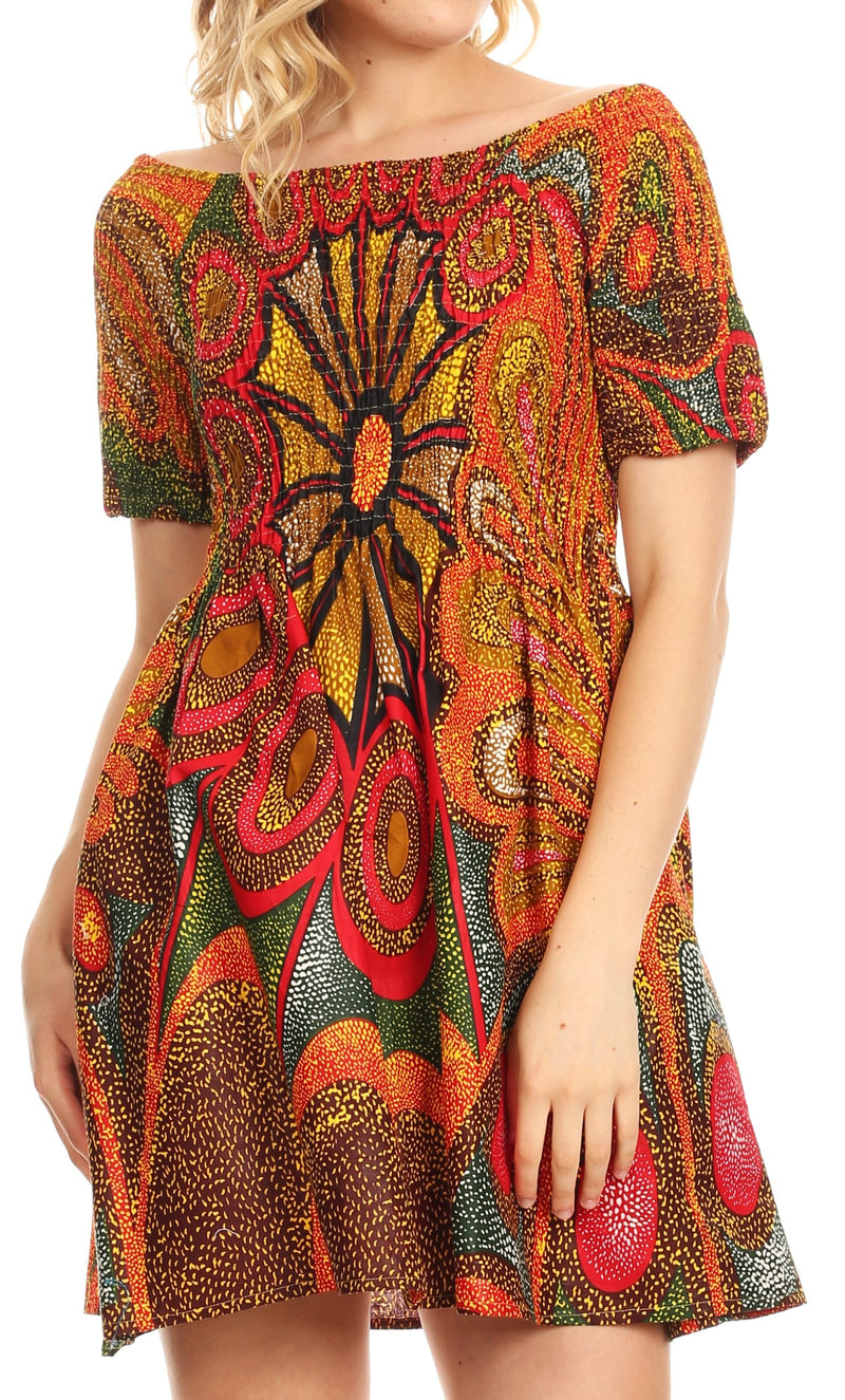 Sakkas Ife Wax African Ankara Colorful Cocktail Short Dress Off-shoulder w/pockets