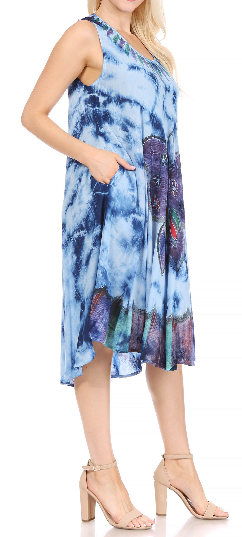 Sakkas Butterfly Tie Dye Tank Sheath Caftan Mid Length Cotton Dress