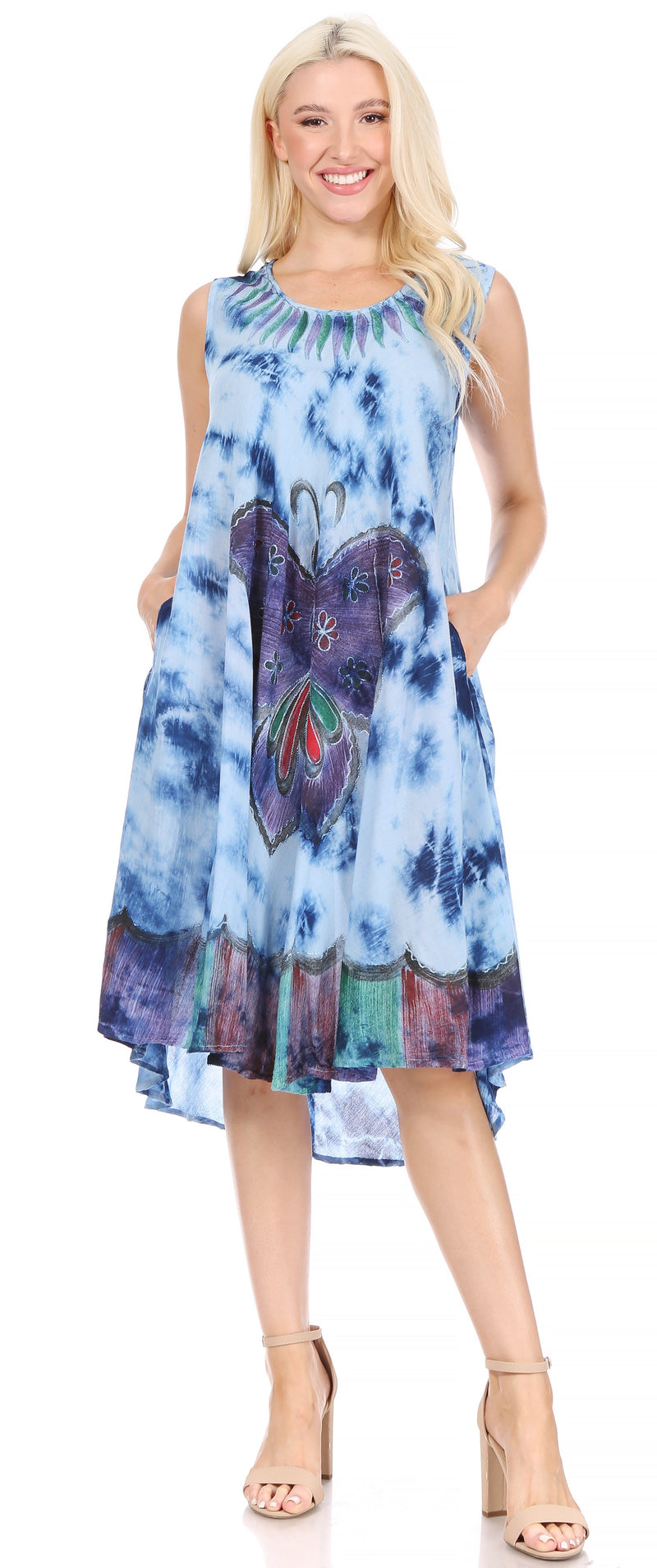 Sakkas Butterfly Tie Dye Tank Sheath Caftan Mid Length Cotton Dress