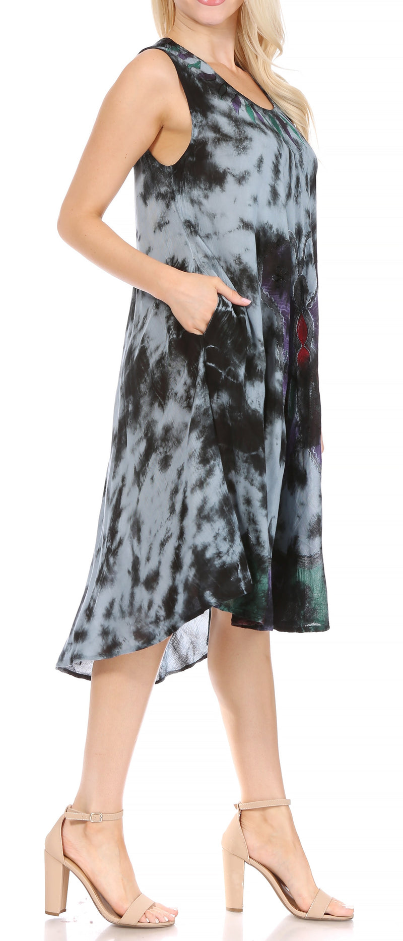 Sakkas Butterfly Tie Dye Tank Sheath Caftan Mid Length Cotton Dress