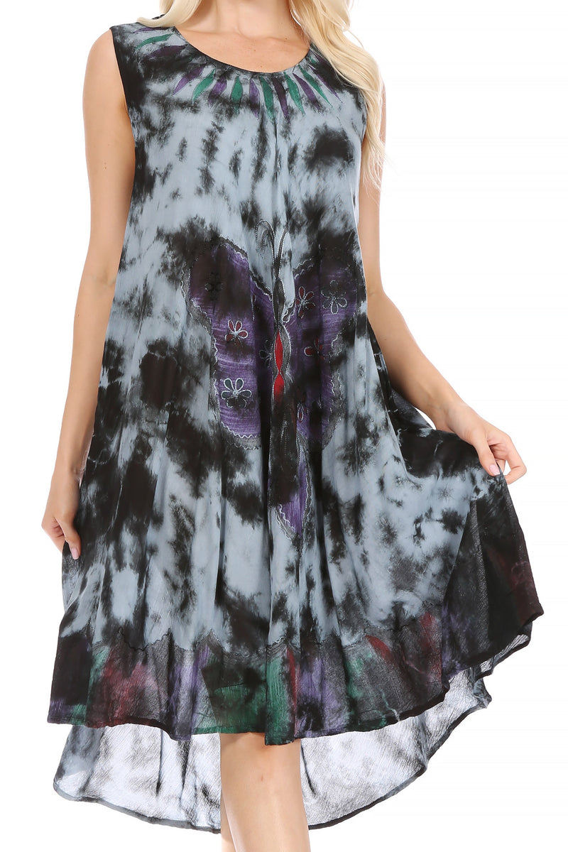 Sakkas Butterfly Tie Dye Tank Sheath Caftan Mid Length Cotton Dress