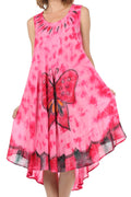Sakkas Butterfly Tie Dye Tank Sheath Caftan Mid Length Cotton Dress#color_Pink