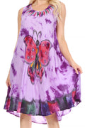 Sakkas Butterfly Tie Dye Tank Sheath Caftan Mid Length Cotton Dress#color_Purple