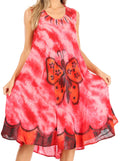 Sakkas Butterfly Tie Dye Tank Sheath Caftan Mid Length Cotton Dress#color_Red