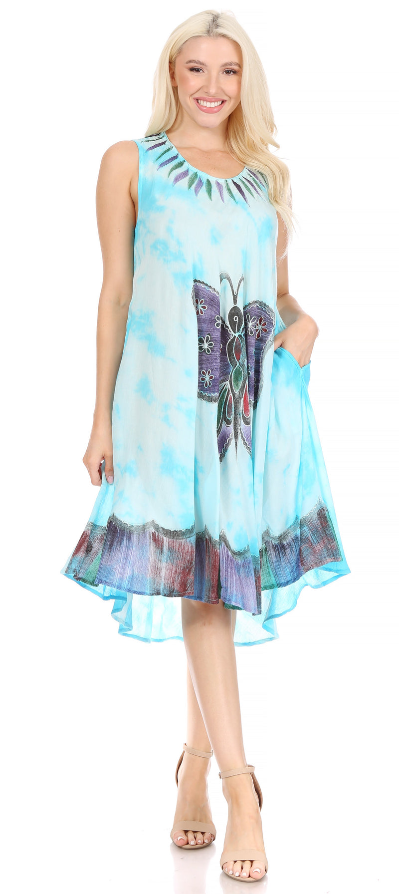 Sakkas Butterfly Tie Dye Tank Sheath Caftan Mid Length Cotton Dress