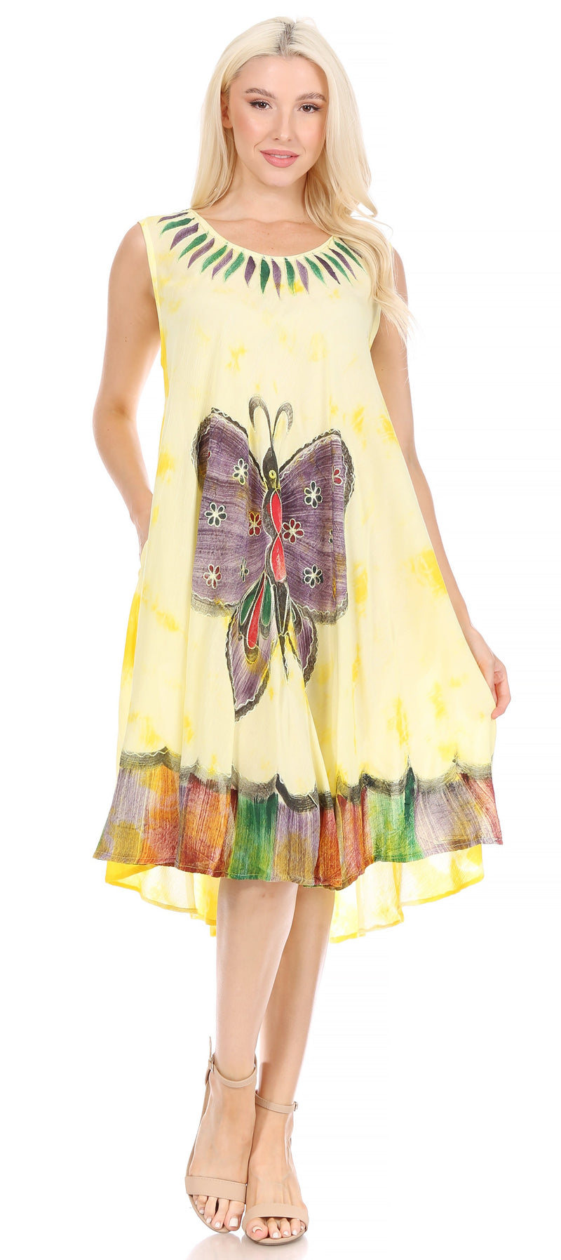 Sakkas Butterfly Tie Dye Tank Sheath Caftan Mid Length Cotton Dress